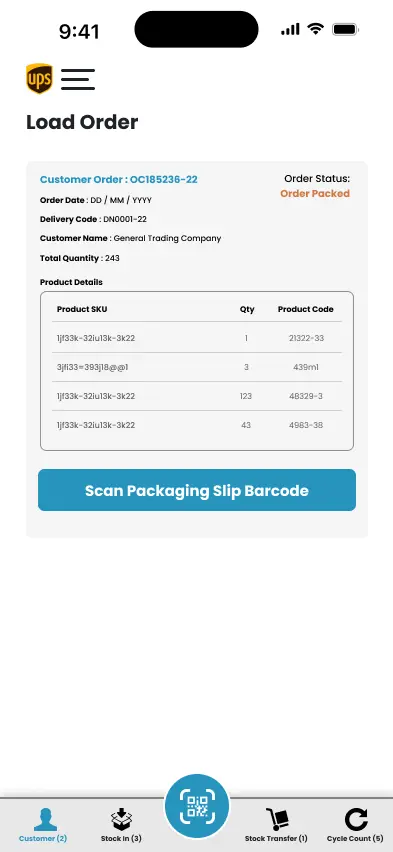 Warehouse load order interface for real-time logistics tracking.