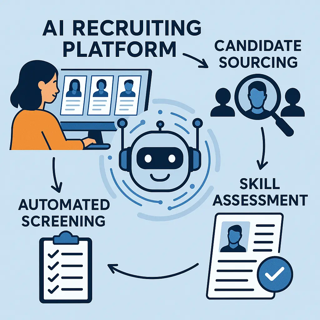 AI recruiting platform infographic showing candidate sourcing, skill assessment, and automated screening.