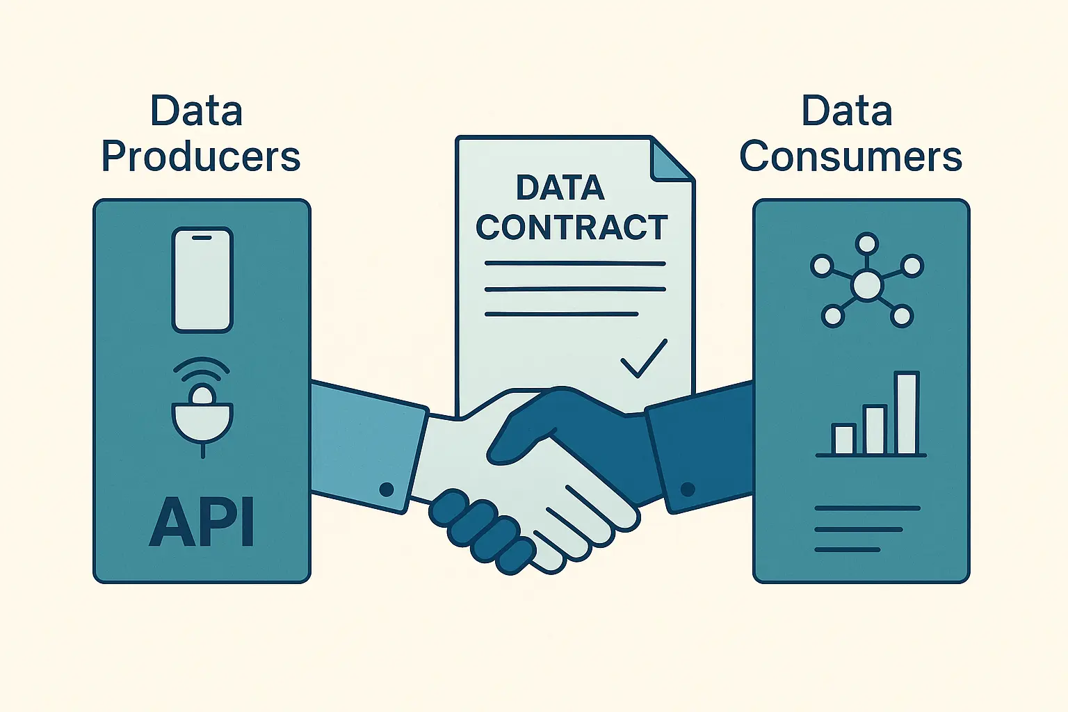How Data Contracts and Guardrails Prevent Garbage-In, Garbage-Out at Scale 2 Illustration showing a handshake labeled “Data Contract” between data producers and data consumers, symbolizing trust, schema validation, and data quality in AI systems.