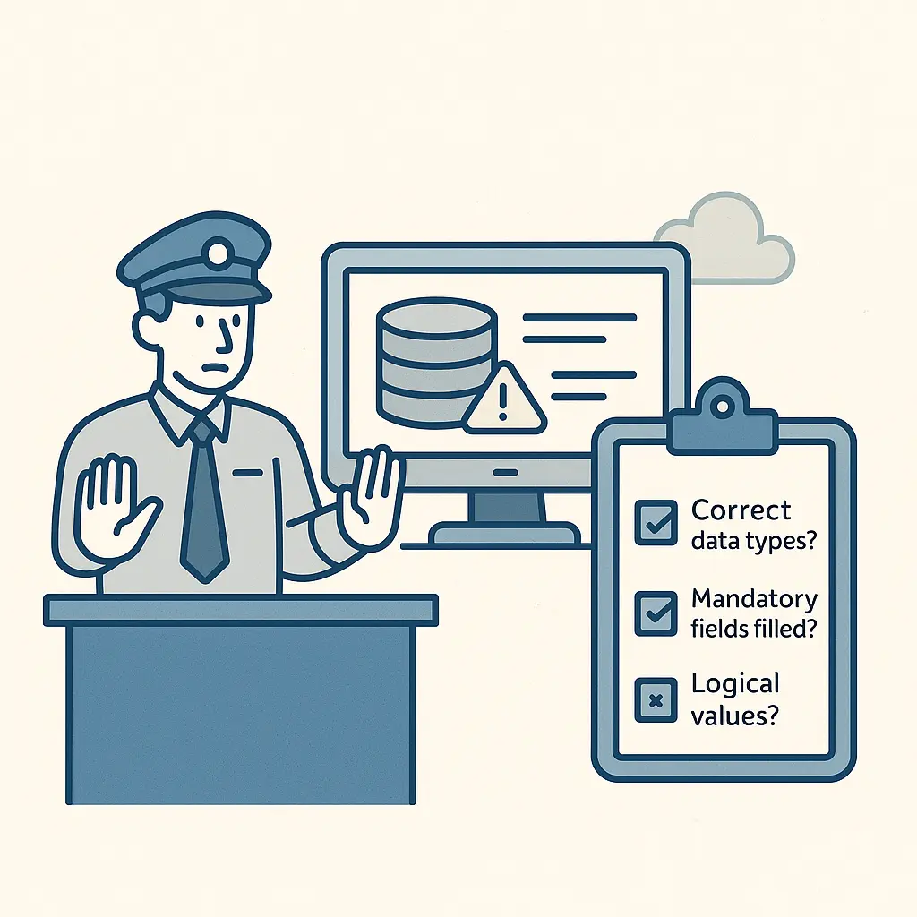 How Data Contracts and Guardrails Prevent Garbage-In, Garbage-Out at Scale 3 Illustration showing data validation as airport security, with an officer checking digital records, a database warning on screen, and a checklist verifying data accuracy.