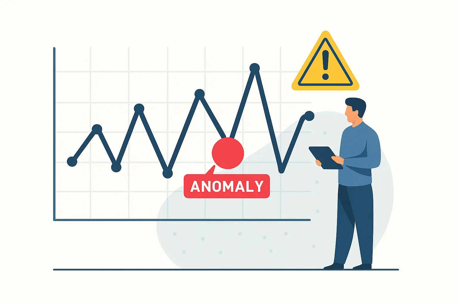 How Data Contracts and Guardrails Prevent Garbage-In, Garbage-Out at Scale 4 Illustration showing anomaly detection in AI data, with a red spike labeled anomaly on a graph and a person analyzing it on a tablet.