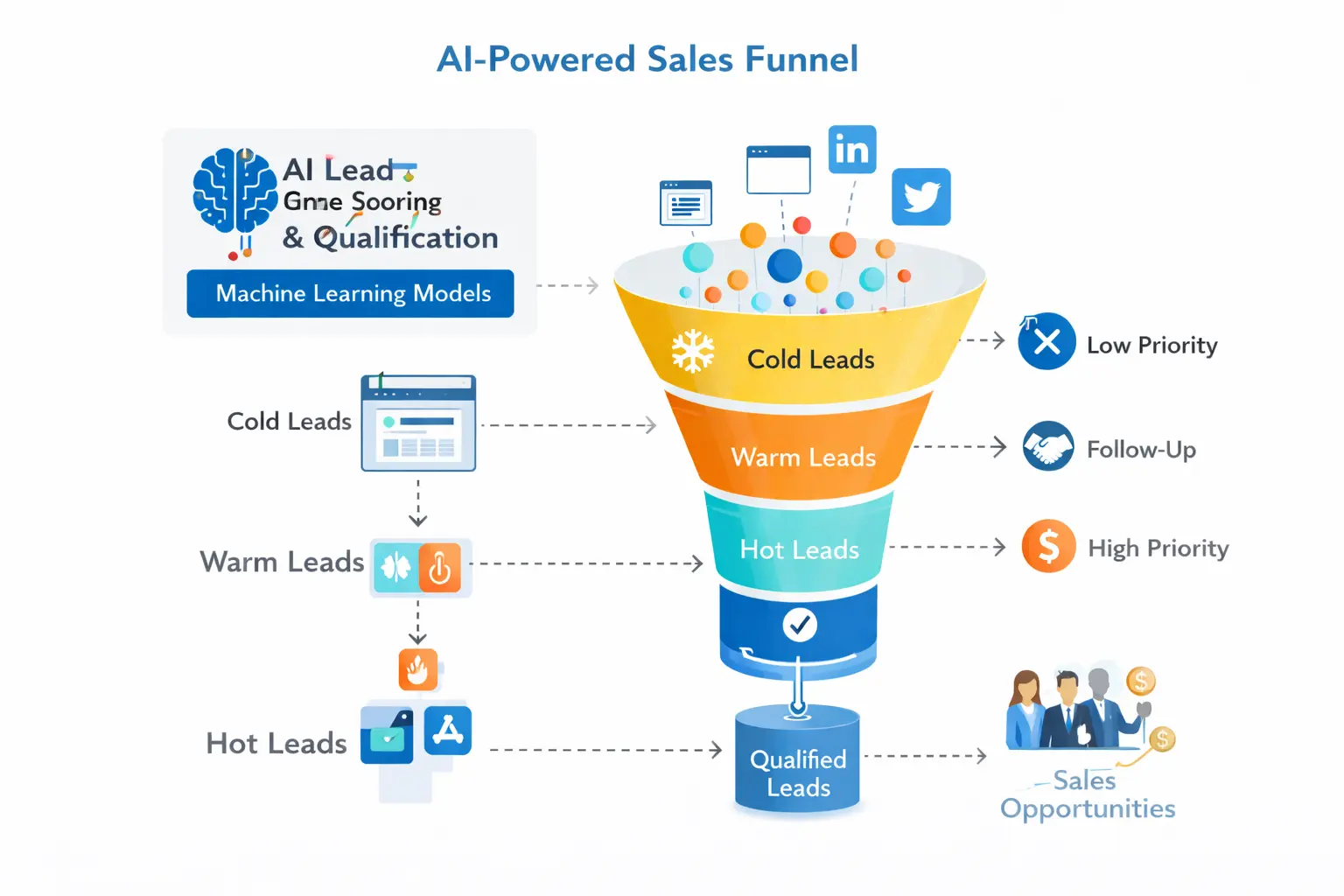 AI powered sales funnel and lead scoring diagram