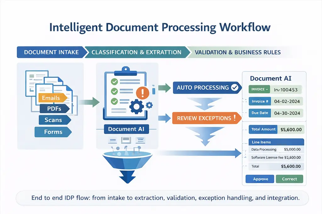 Intelligent Document Processing workflow diagram showing document intake OCR extraction validation human review and ERP integration