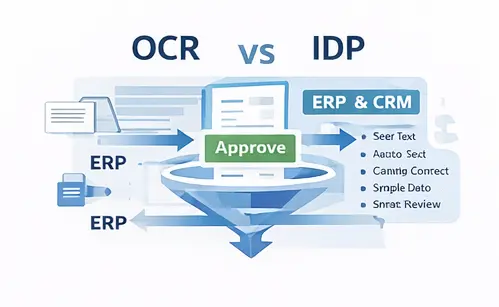 OCR vs Document AI infographic showing scanning text extraction and structured data output