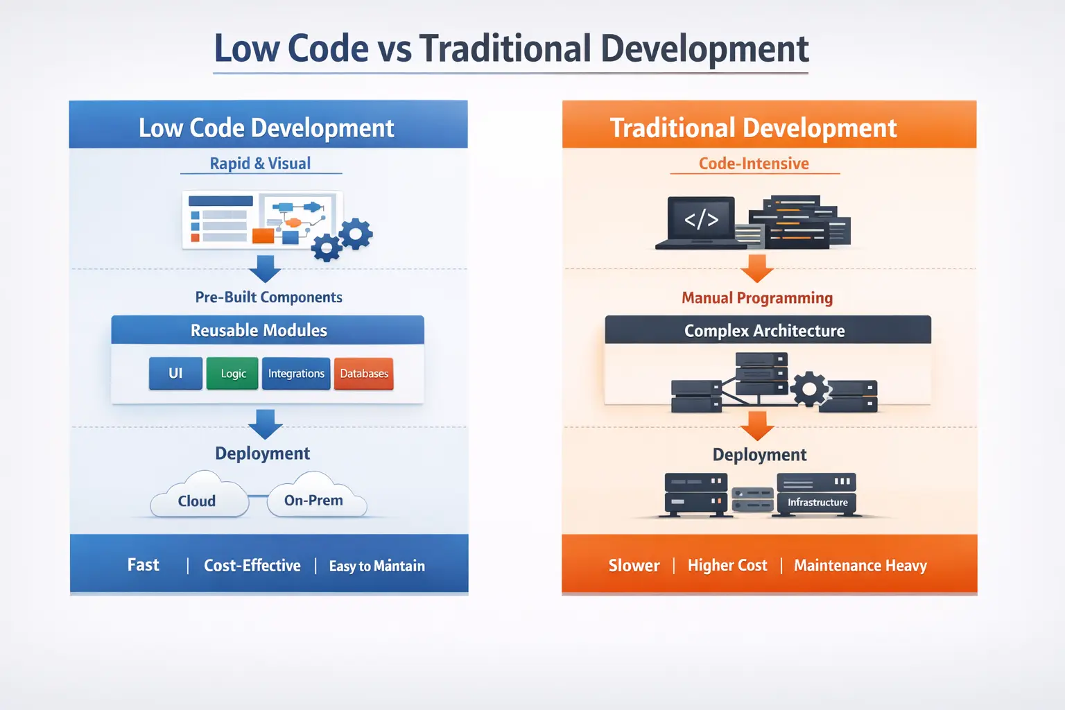 Low code vs traditional software development comparison diagram