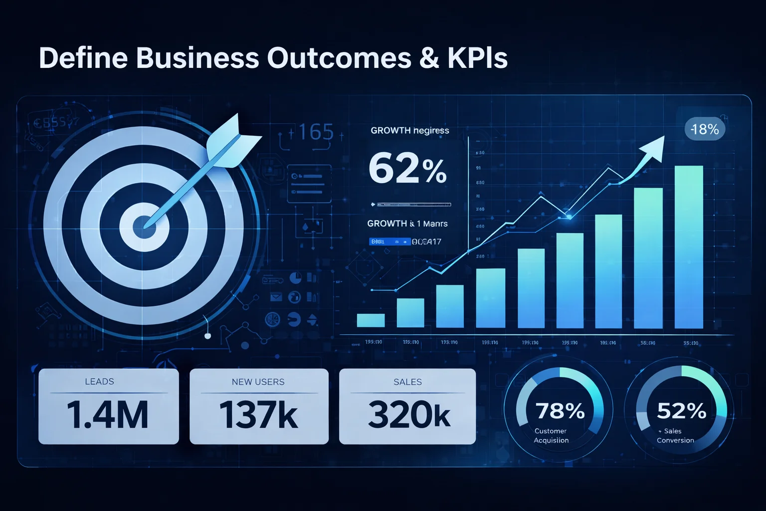 Digital transformation KPI dashboard defining business outcomes with growth targets, revenue metrics, sales performance indicators, and goal tracking visuals