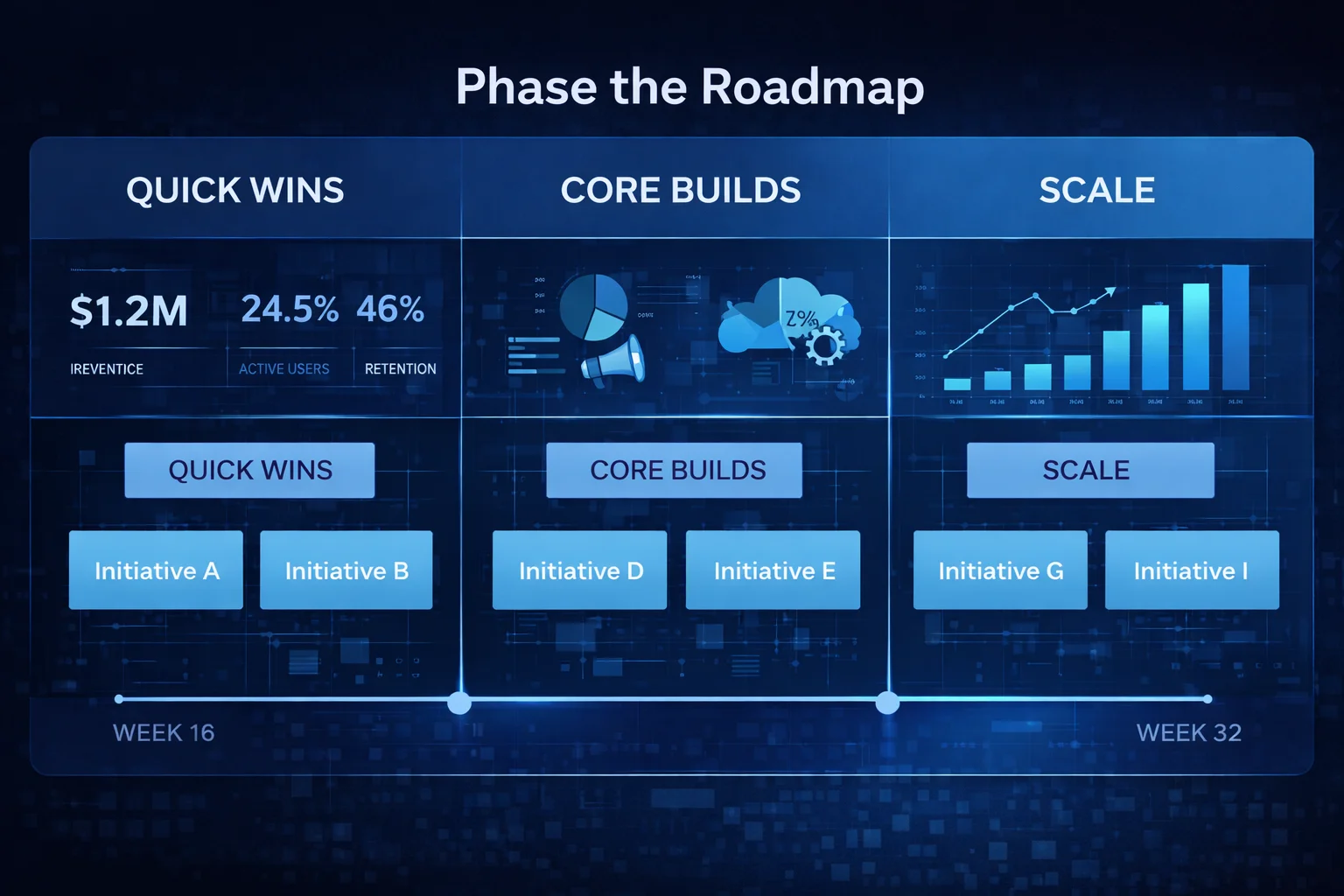 Beyond the Buzzword: Practical Steps for Implementing Digital Transformation with Nyx Wolves 4 Digital transformation roadmap dashboard with phased plan for quick wins, core builds, and scaling initiatives, including milestone timeline and progress tracking