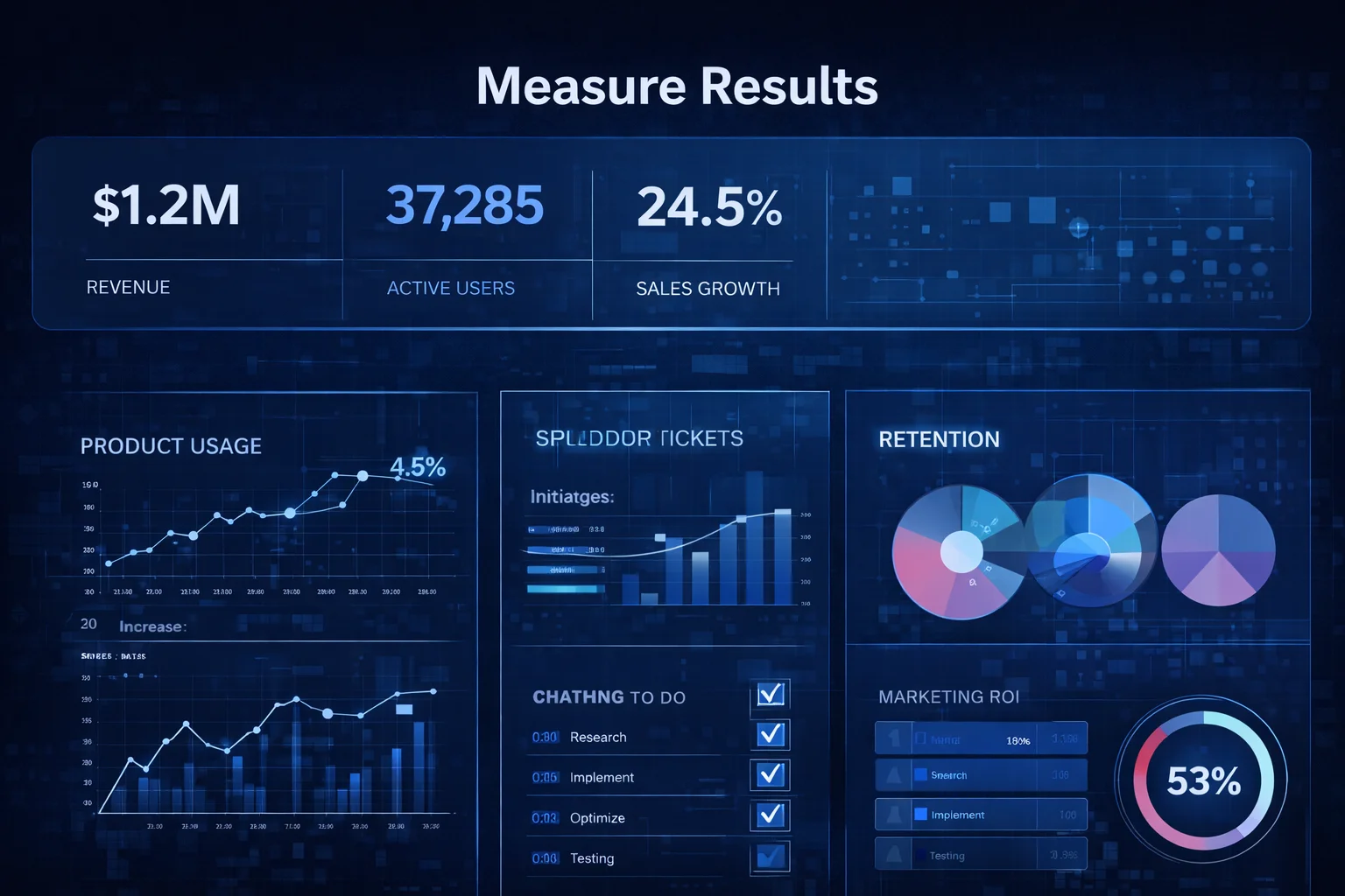 Beyond the Buzzword: Practical Steps for Implementing Digital Transformation with Nyx Wolves 5 Digital transformation performance analytics dashboard measuring results with KPIs for revenue, active users, retention, sales growth, and ROI reporting