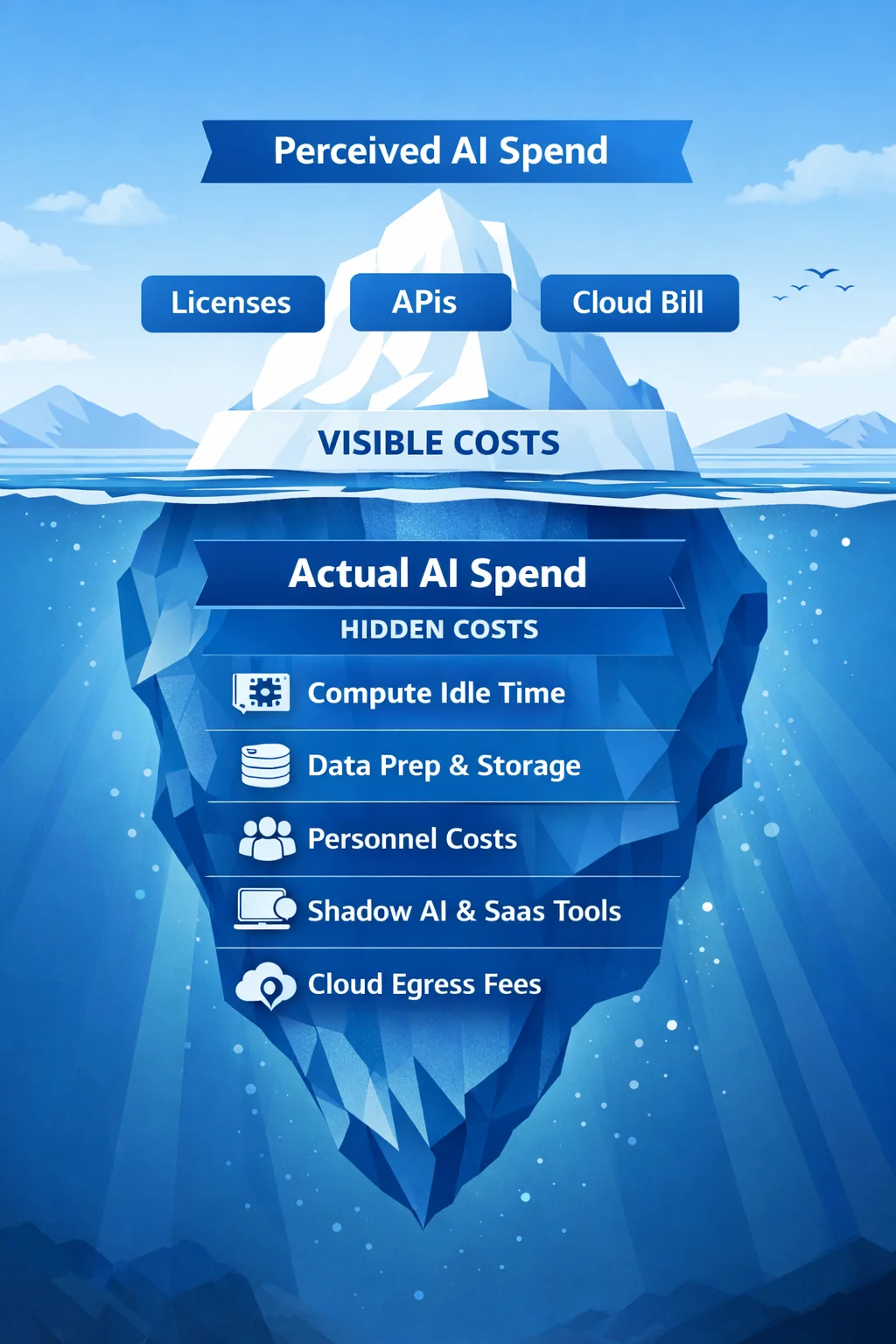 AI cost transparency iceberg infographic showing hidden enterprise AI expenses