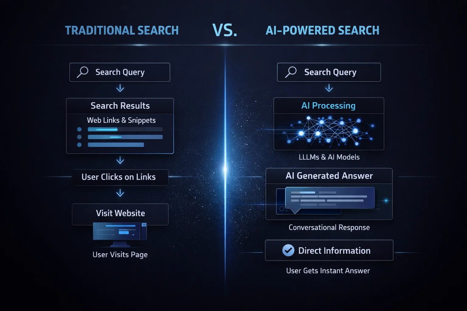 AI powered search vs traditional search showing how AI generated answers replace link based results