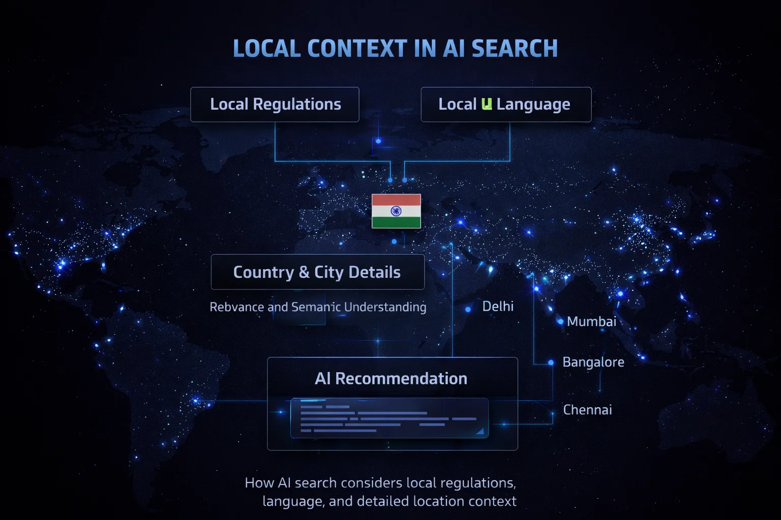 AI geo intelligence diagram showing how local language regulations and city context influence AI search results