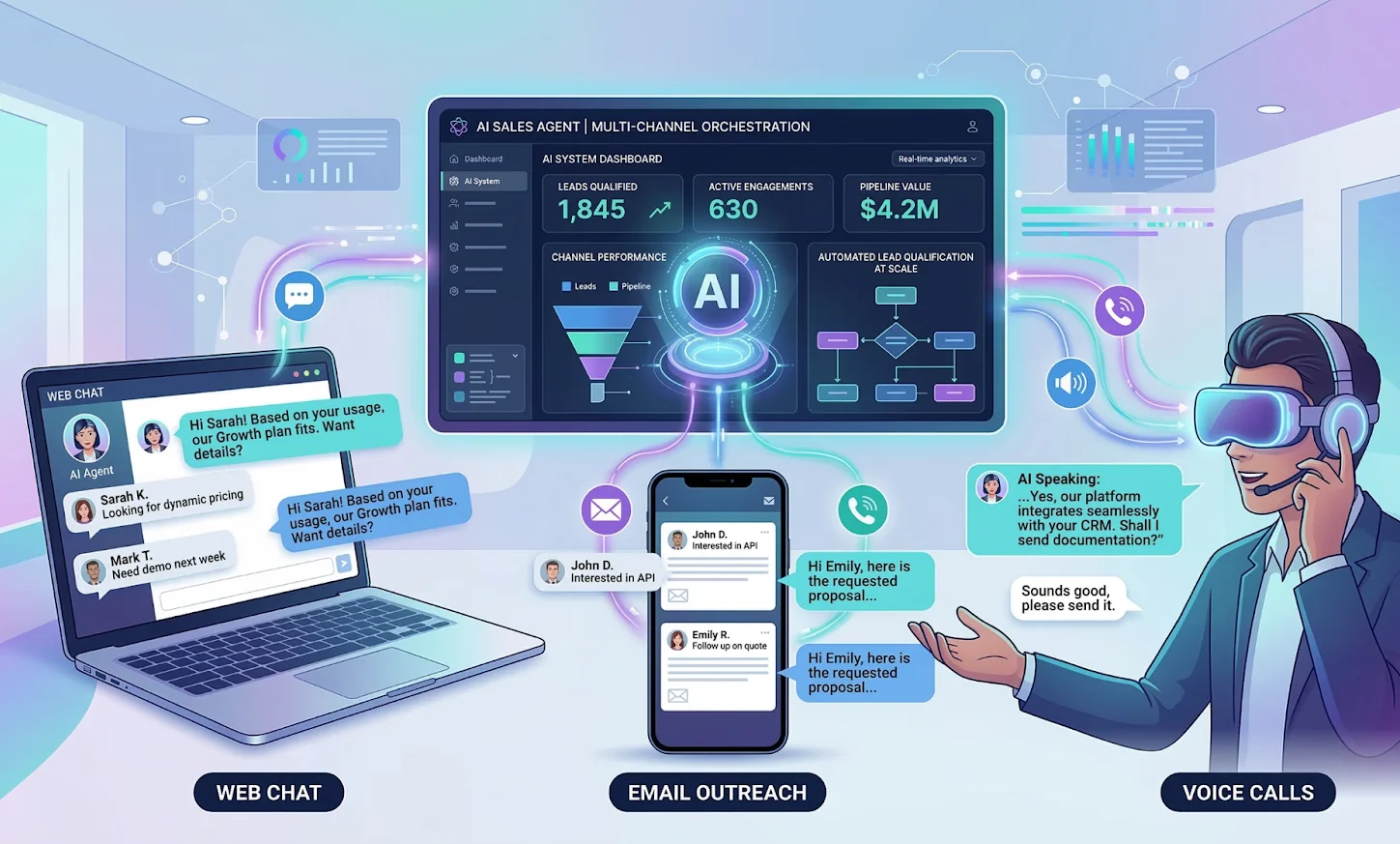 AI sales agent automatically qualifying leads and managing outreach conversations across chat email and voice channels.
