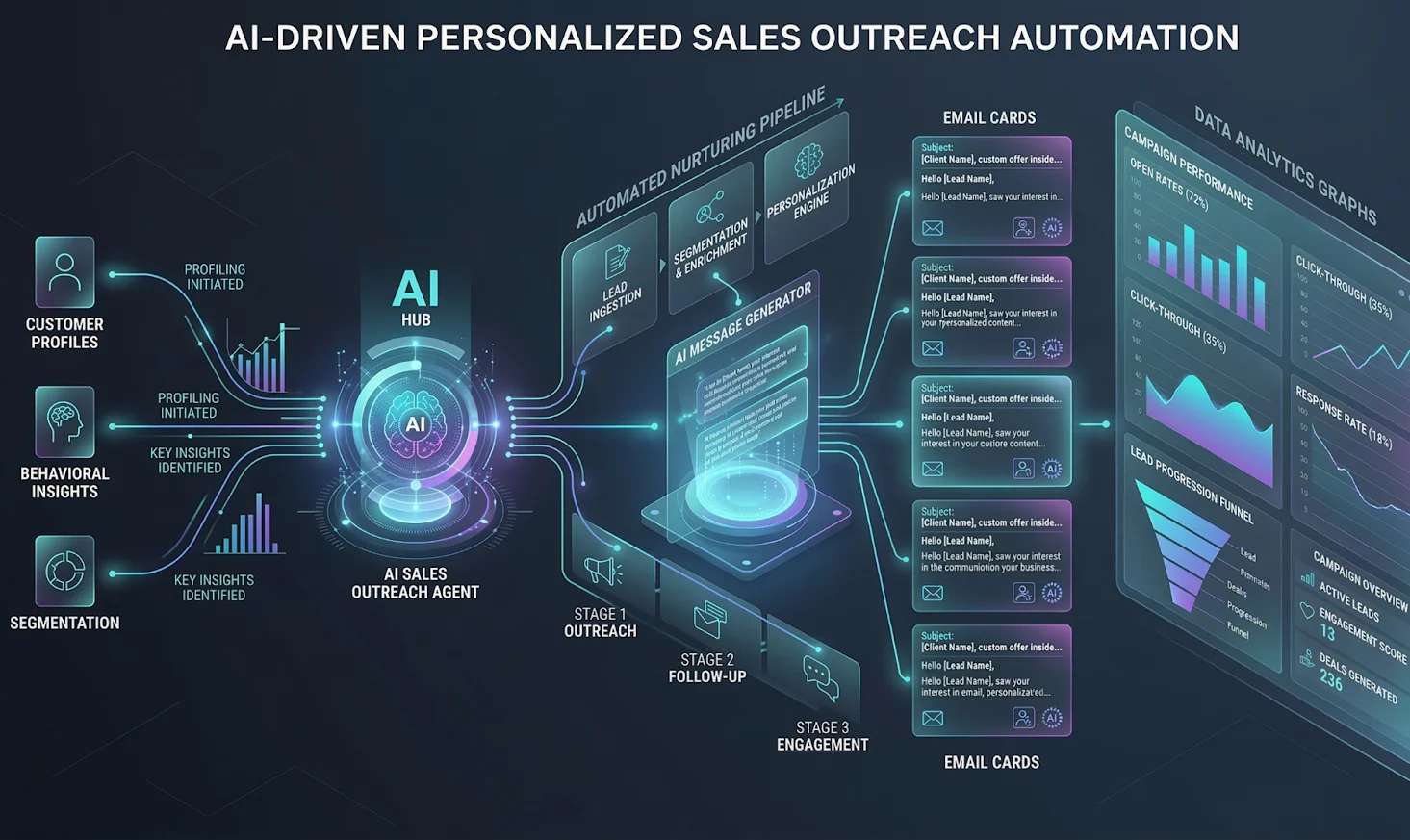 AI system generating personalized sales outreach emails and managing automated lead nurturing campaigns.