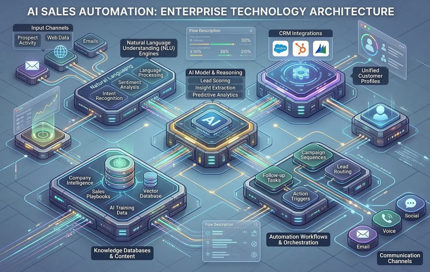 Core technologies powering AI sales agents including natural language understanding CRM integration and automation workflows.
