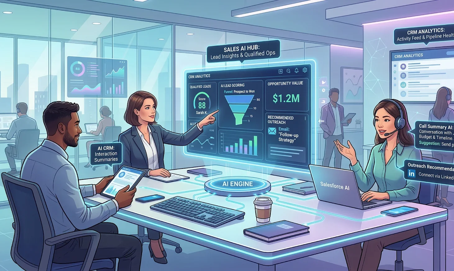 Human sales representatives collaborating with AI systems for lead qualification insights and sales automation.