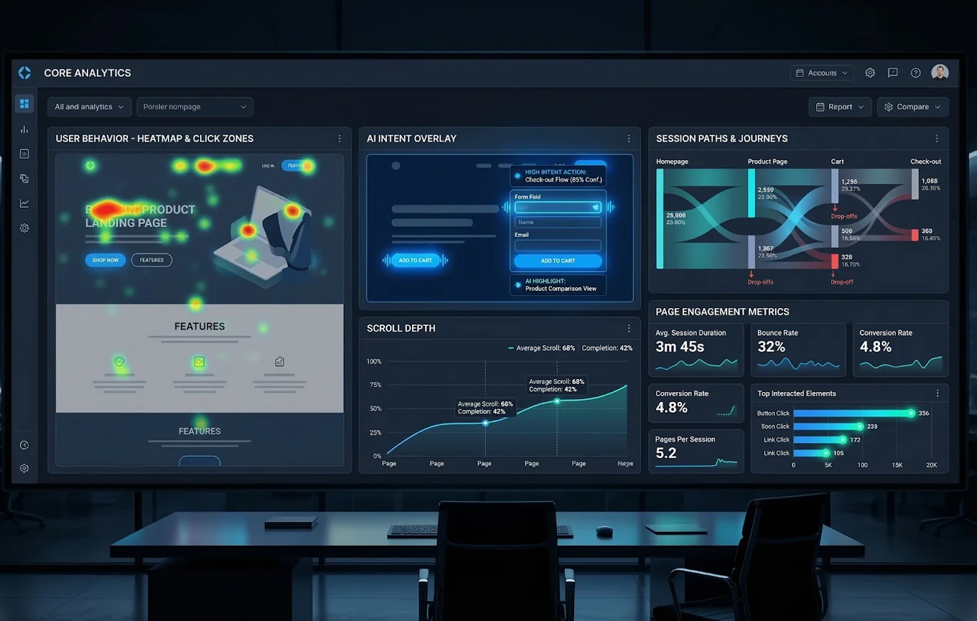AI analyzing website behavior including clicks scrolls and page visits to detect high intent users