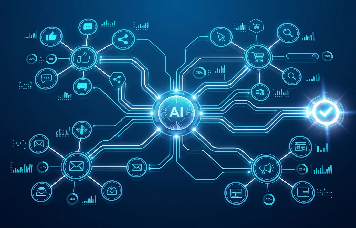 AI mapping complete customer journey across multiple channels including website email ads and social media interactions