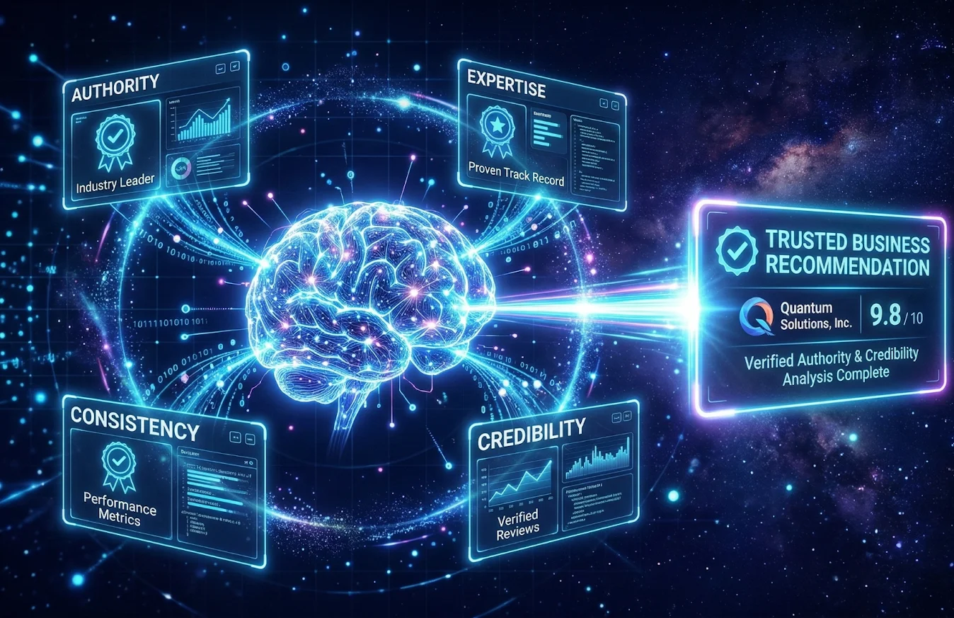 AI system evaluating authority expertise consistency and credibility signals before recommending a business