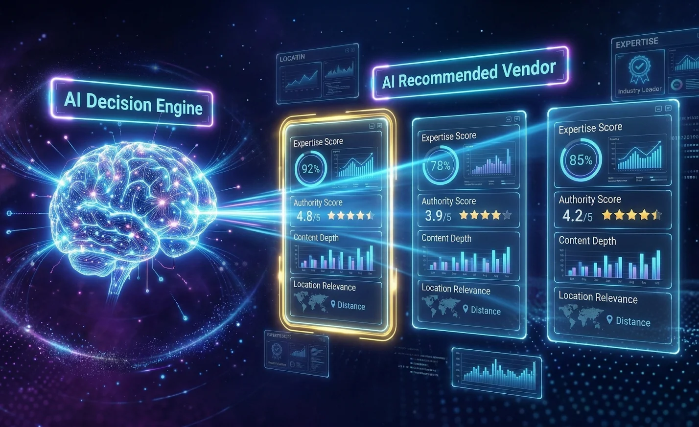 AI decision engine comparing multiple vendors based on expertise authority and trust signals to recommend the most credible company
