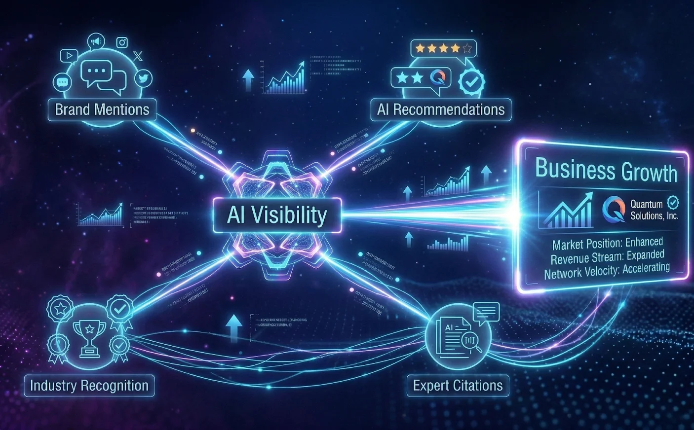 AI visibility network showing how recommendations brand mentions and authority signals expand business discovery