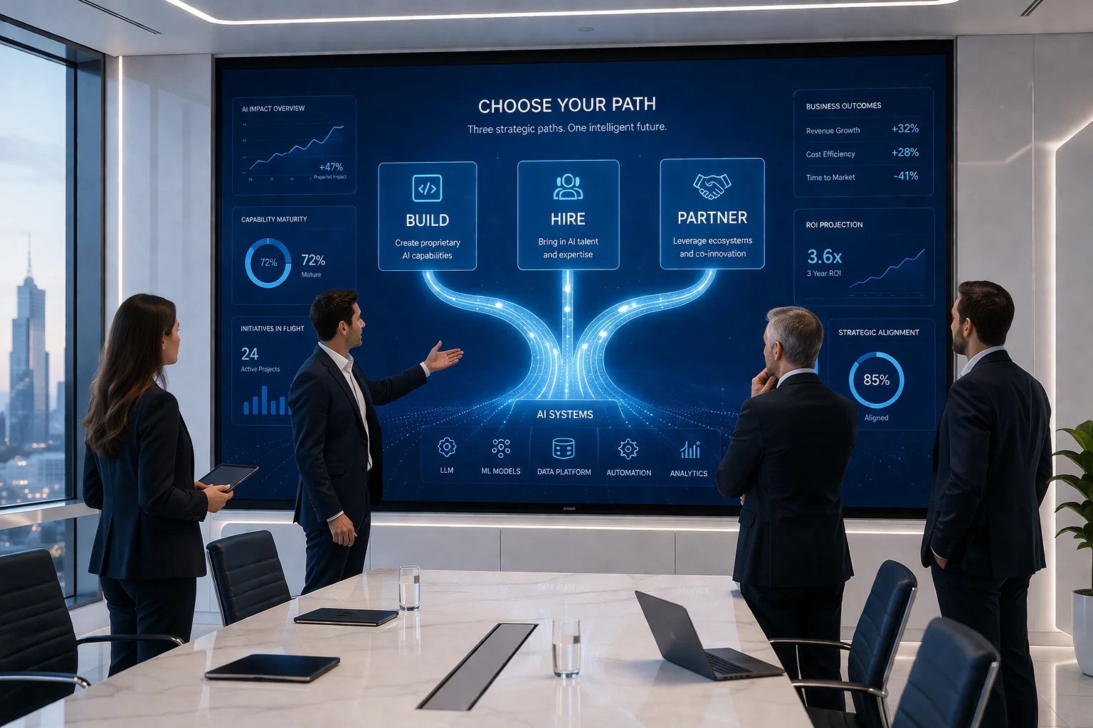 Business leaders evaluating build hire or partner strategies to scale AI effectively