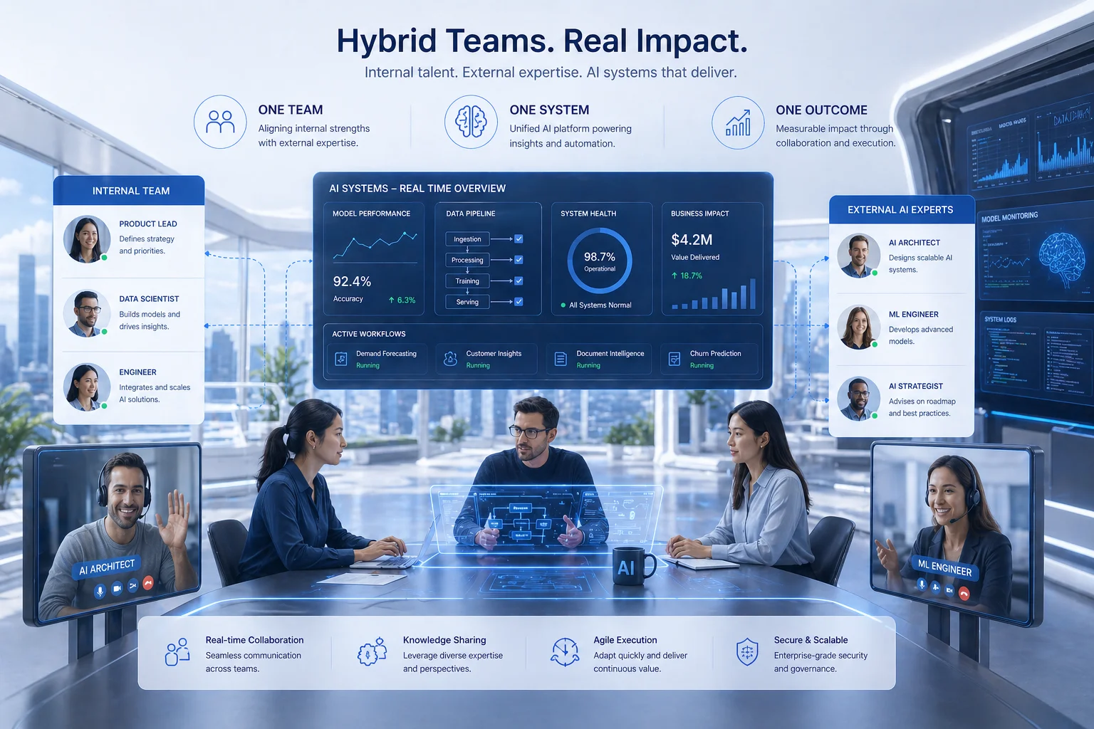 Hybrid AI teams combining internal talent and external partners for faster execution
