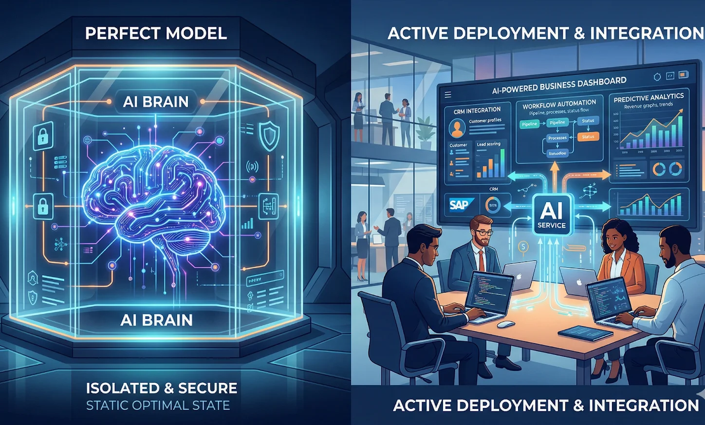 Contrast between waiting for perfect AI models and deploying usable AI into business workflows