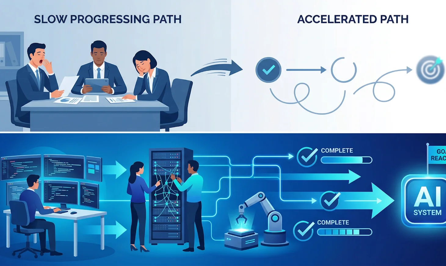 Comparison of slow planning versus fast execution in AI adoption
