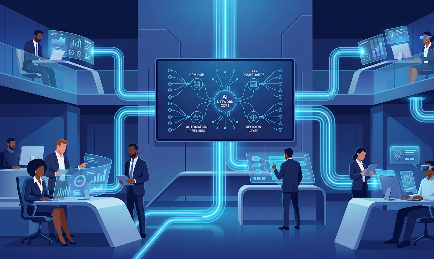 AI integrated into modern business workflows as a connected operational system