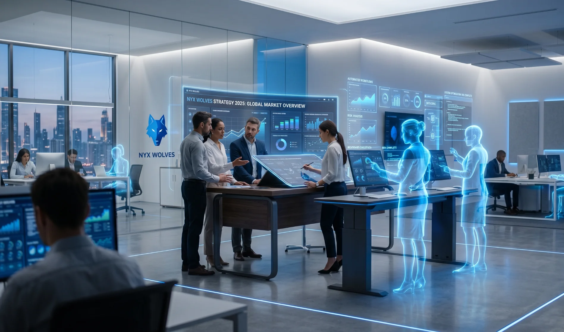 AI employees working alongside human teams in a modern enterprise environment managing workflows autonomously
