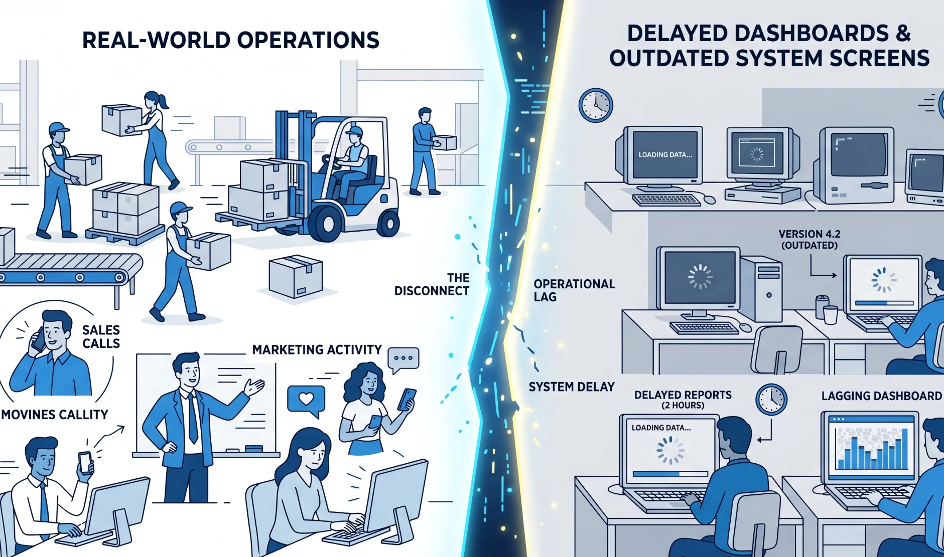 Operational gap between real world business activities and delayed system updates causing inefficiencies