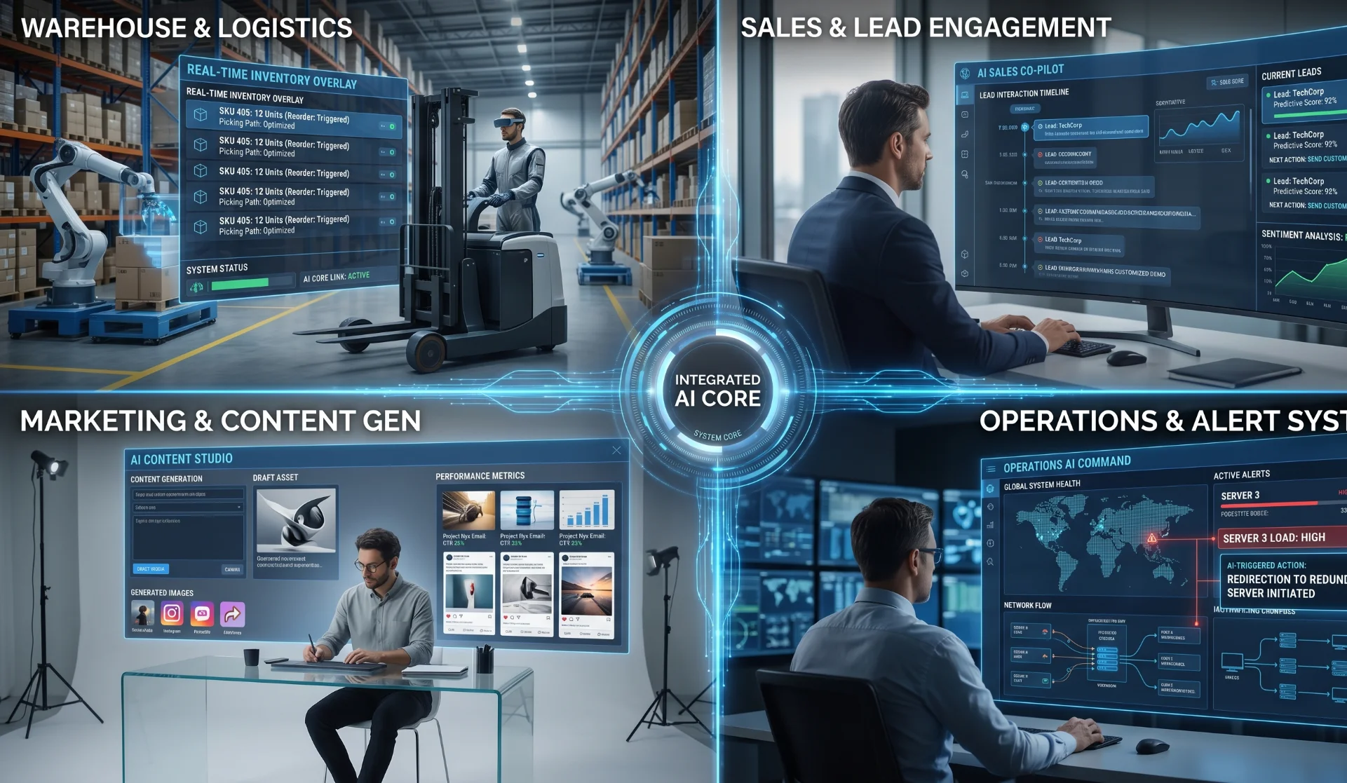 AI employees managing warehouse sales marketing and operations workflows across different business functions