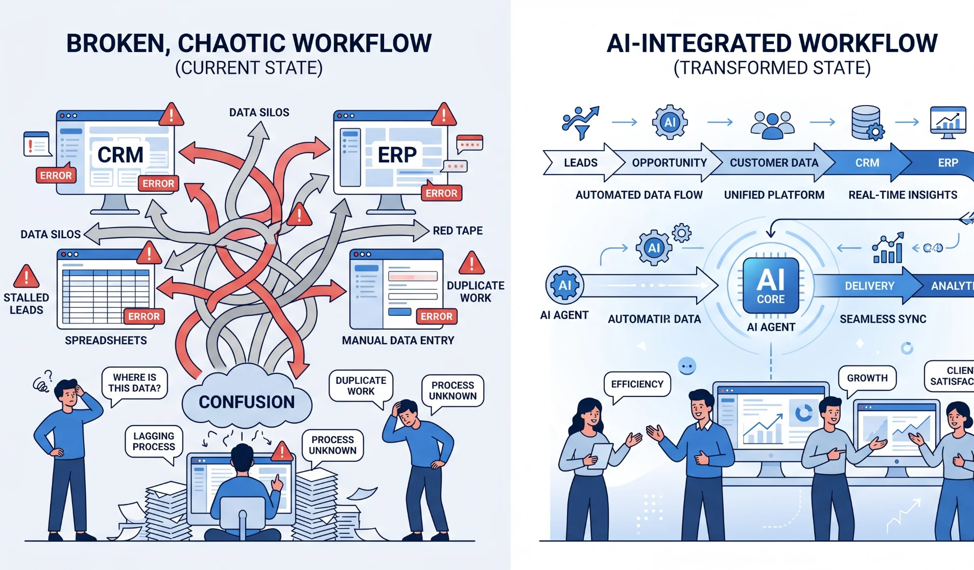 Disconnected business systems and broken workflows contrasted with streamlined AI driven automation