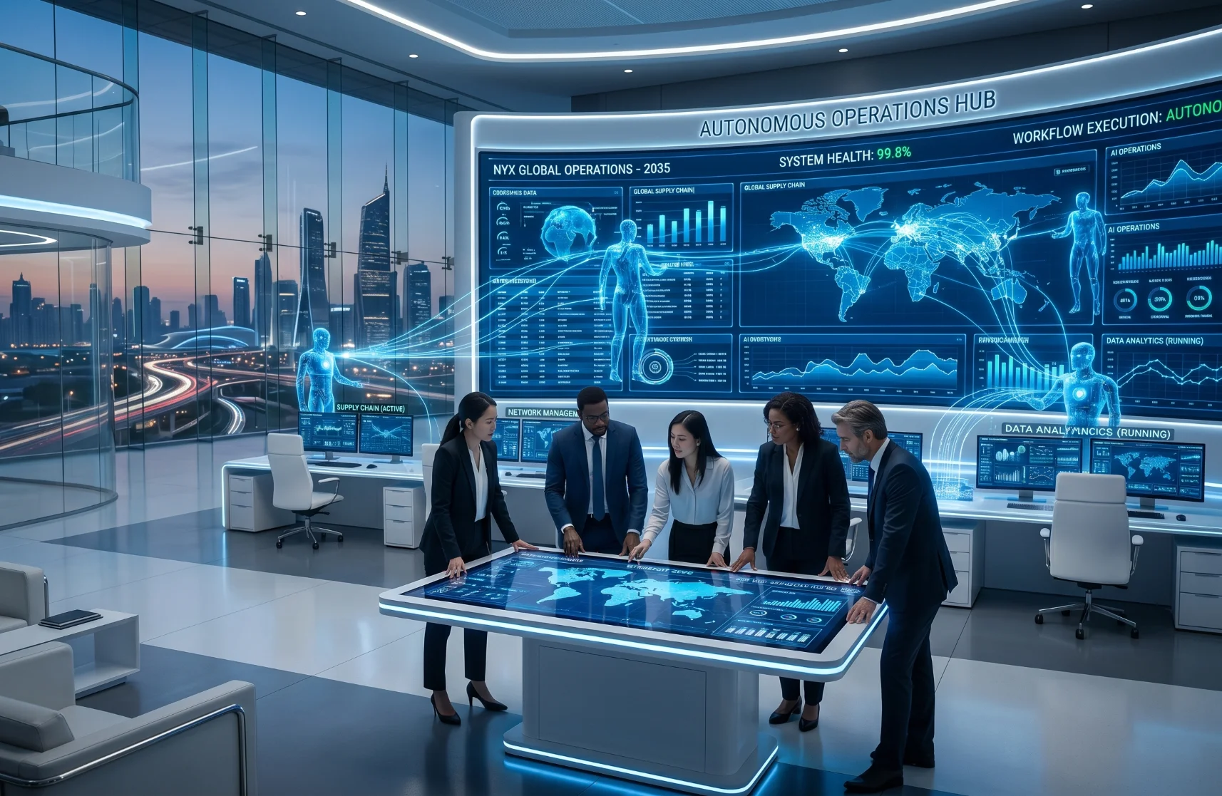 Futuristic workplace where AI agents handle operations while humans focus on strategy and decision making
