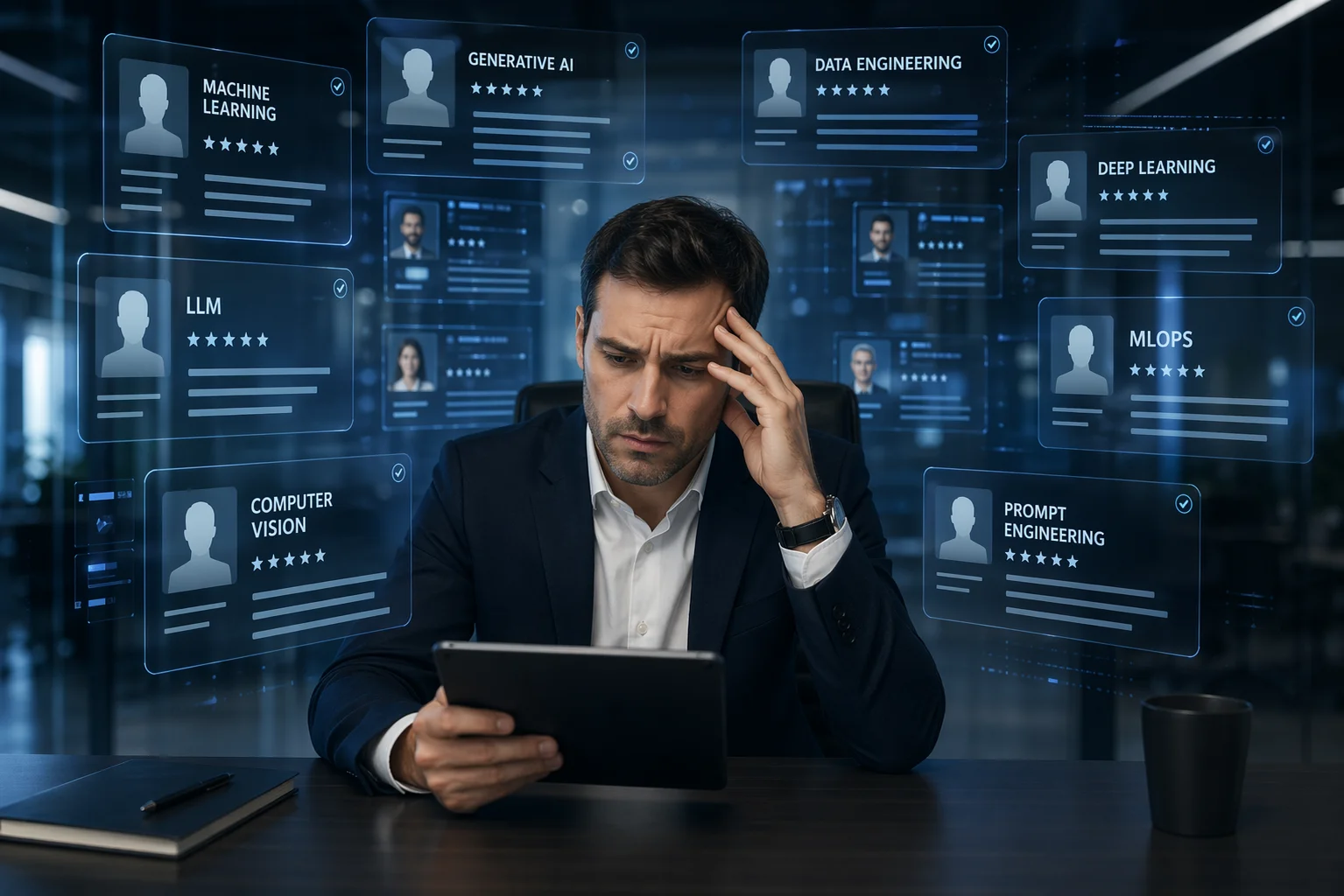 Business leader overwhelmed by multiple AI engineer profiles and hiring confusion