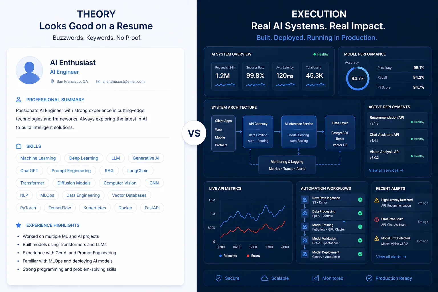 Comparison between AI resume buzzwords and real deployed AI system delivering business results