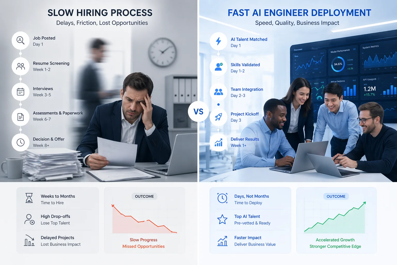 Comparison of slow traditional hiring versus fast AI staffing model delivering quicker results