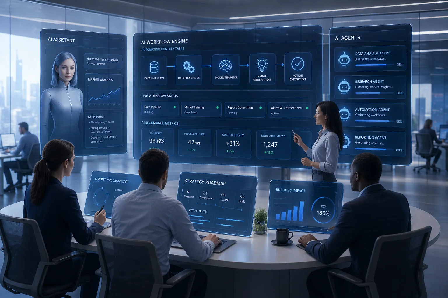 Future workplace where AI systems handle execution while humans focus on strategy and decision making