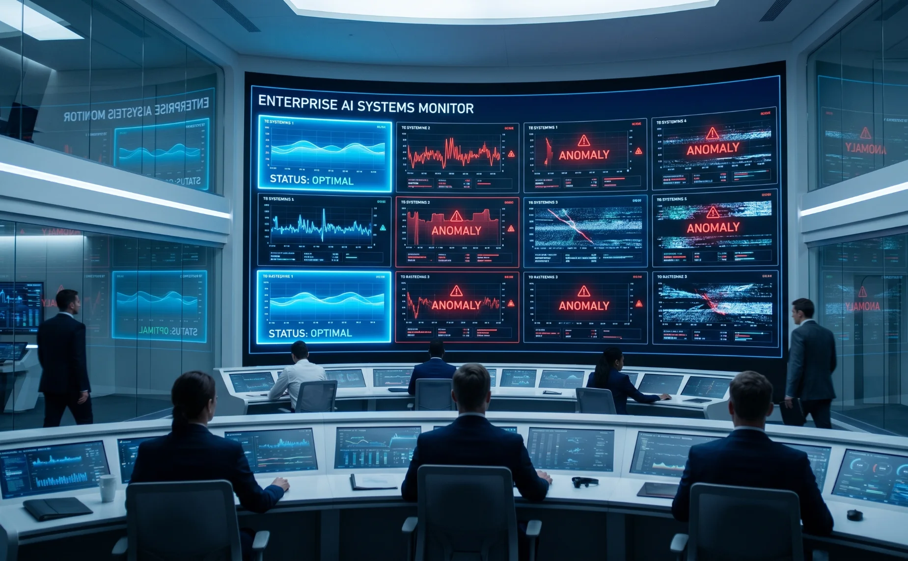 Enterprise AI dashboard showing 10 systems where only 2 are functioning correctly and others have hidden issues