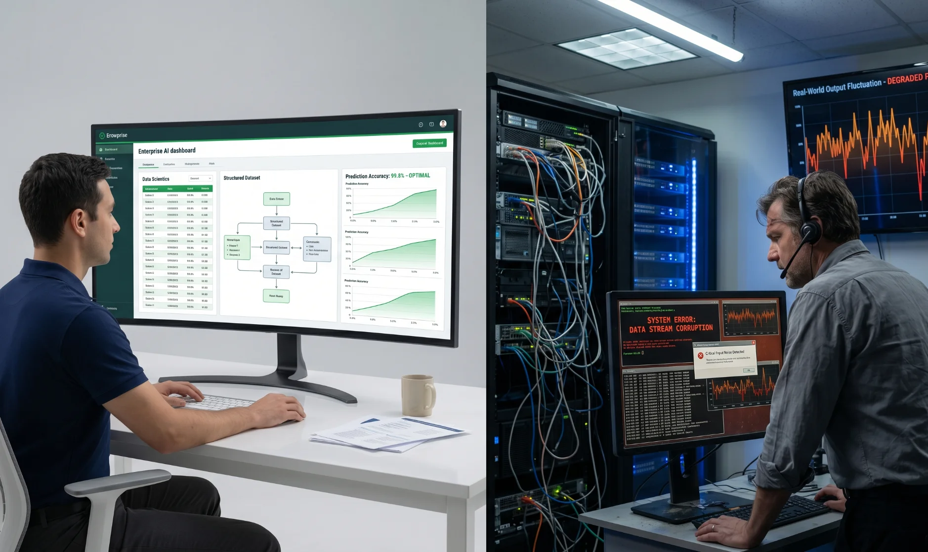 Contrast between a perfect AI demo environment and failure in real-world conditions