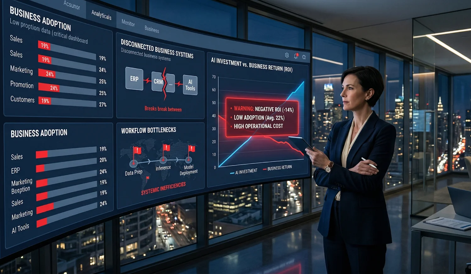 CEO reviewing AI dashboards showing weak ROI, workflow bottlenecks, and business system inefficiencies