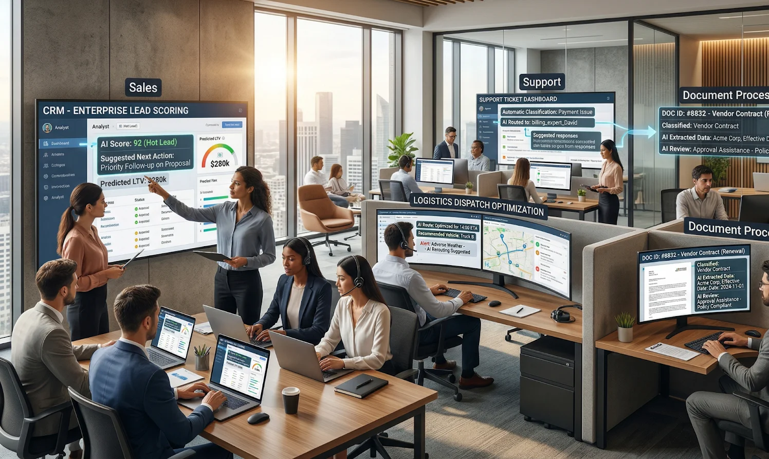 AI embedded into operational workflows to support classification, routing, drafting, and real time execution