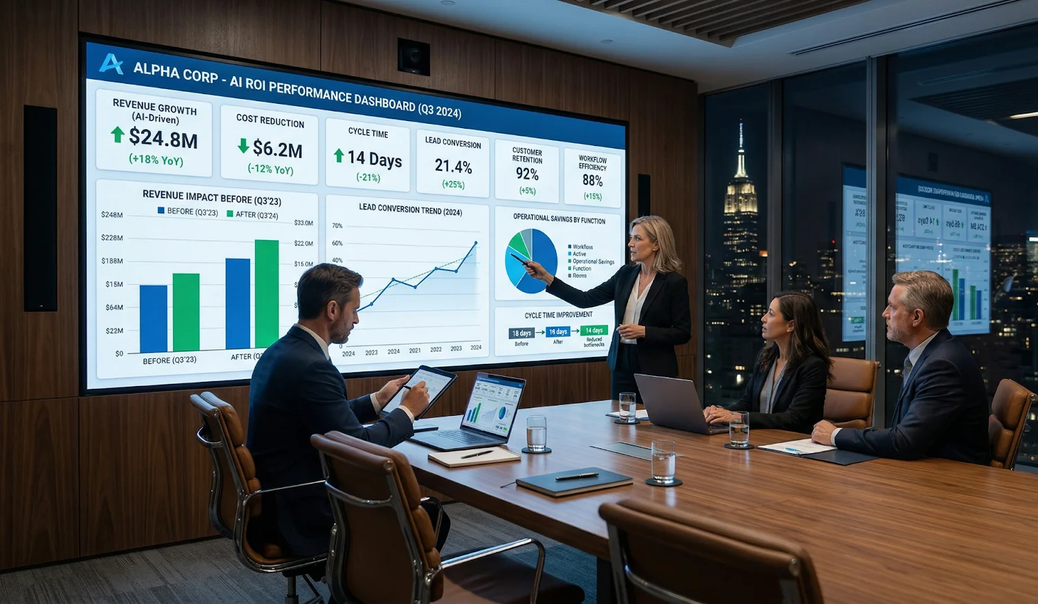 Business leaders reviewing AI dashboards with revenue, cost, efficiency, and conversion metrics