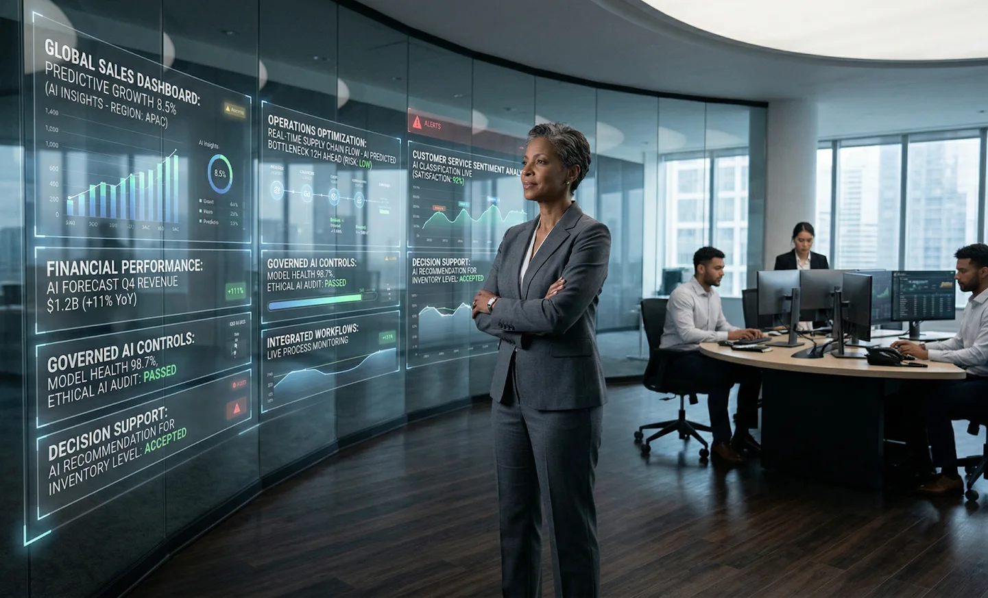 CEO managing a real time AI driven business environment with connected workflows and predictive decision systems