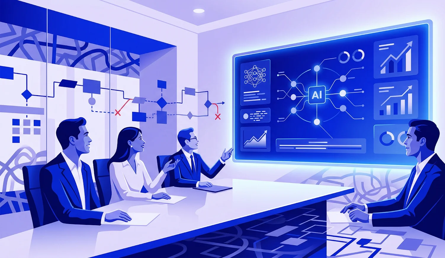 Executive team viewing a powerful AI demo while disconnected business workflows remain hidden behind the presentation