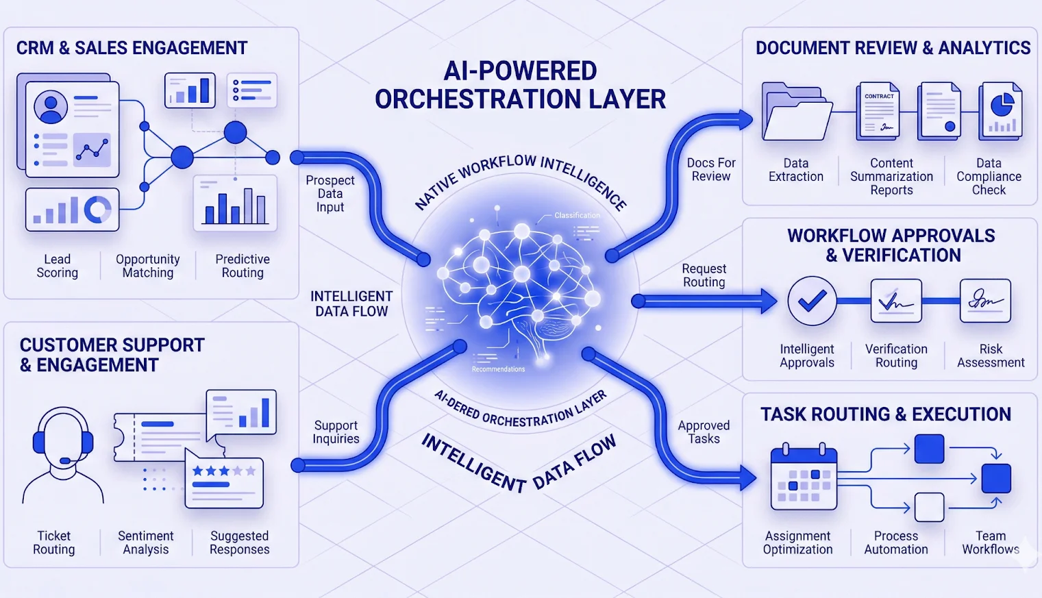AI integrated directly into CRM, approvals, support, and document workflows as a live operational layer
