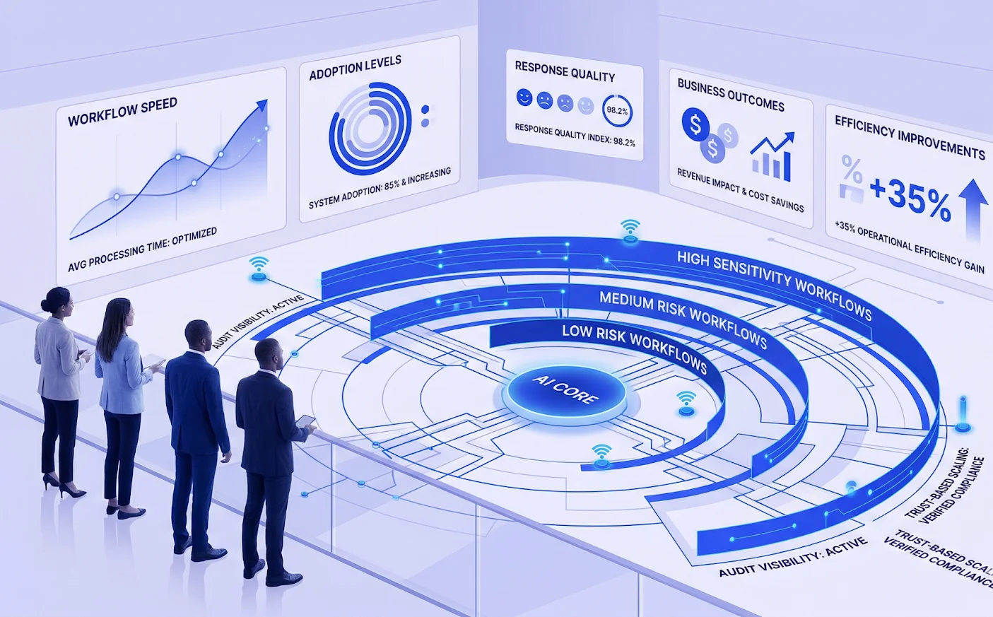 Executives monitoring AI performance through live business metrics, workflow visibility, and controlled enterprise scale