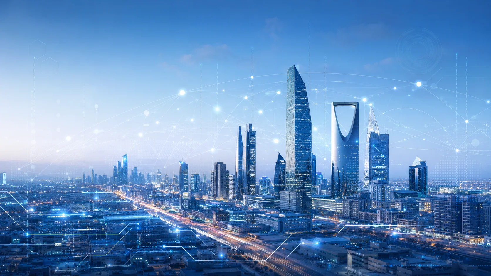 AI consulting in Saudi Arabia with Riyadh skyline and digital transformation network