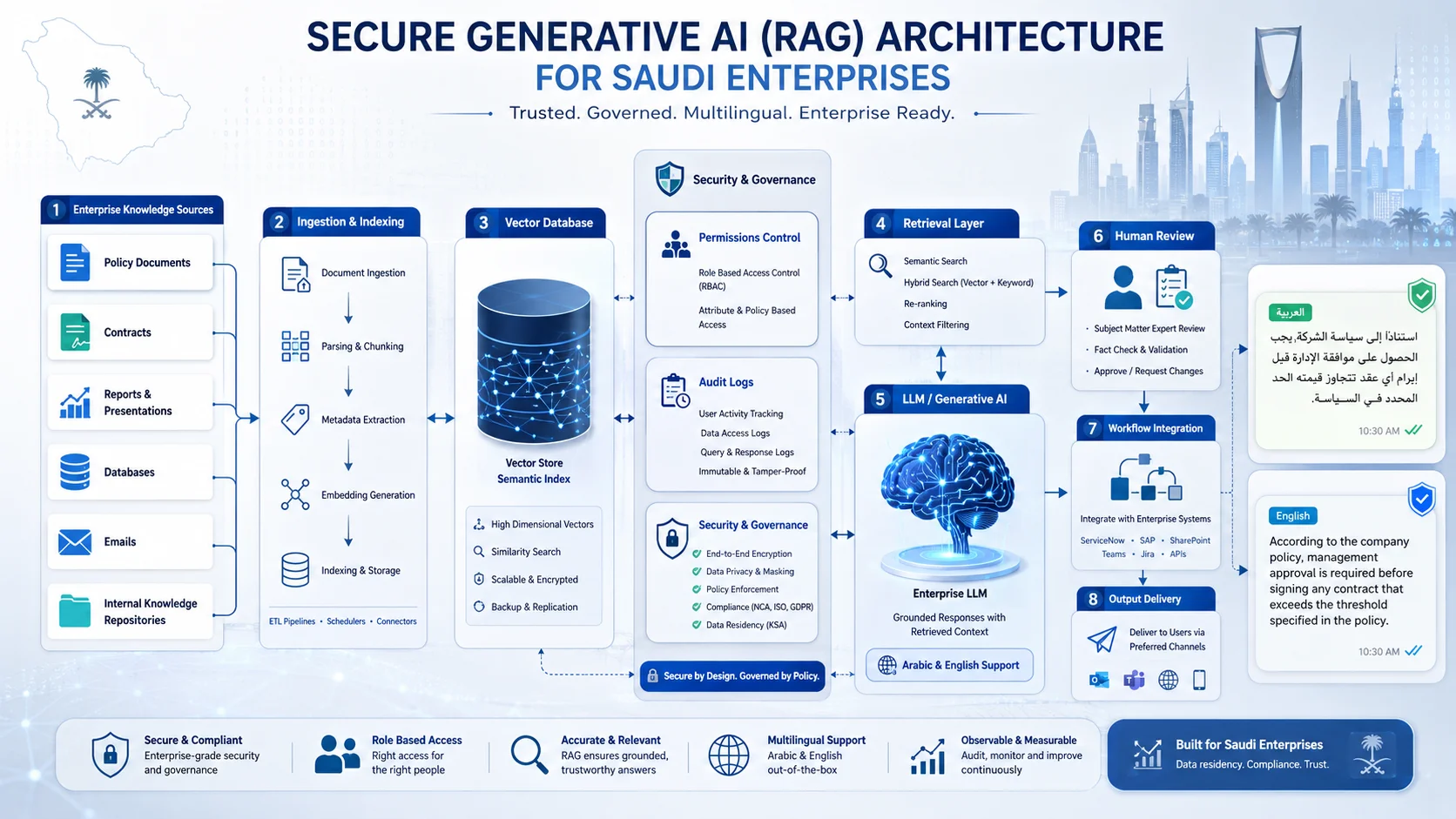 Generative AI consulting Saudi Arabia with secure enterprise architecture and multilingual workflow integration.