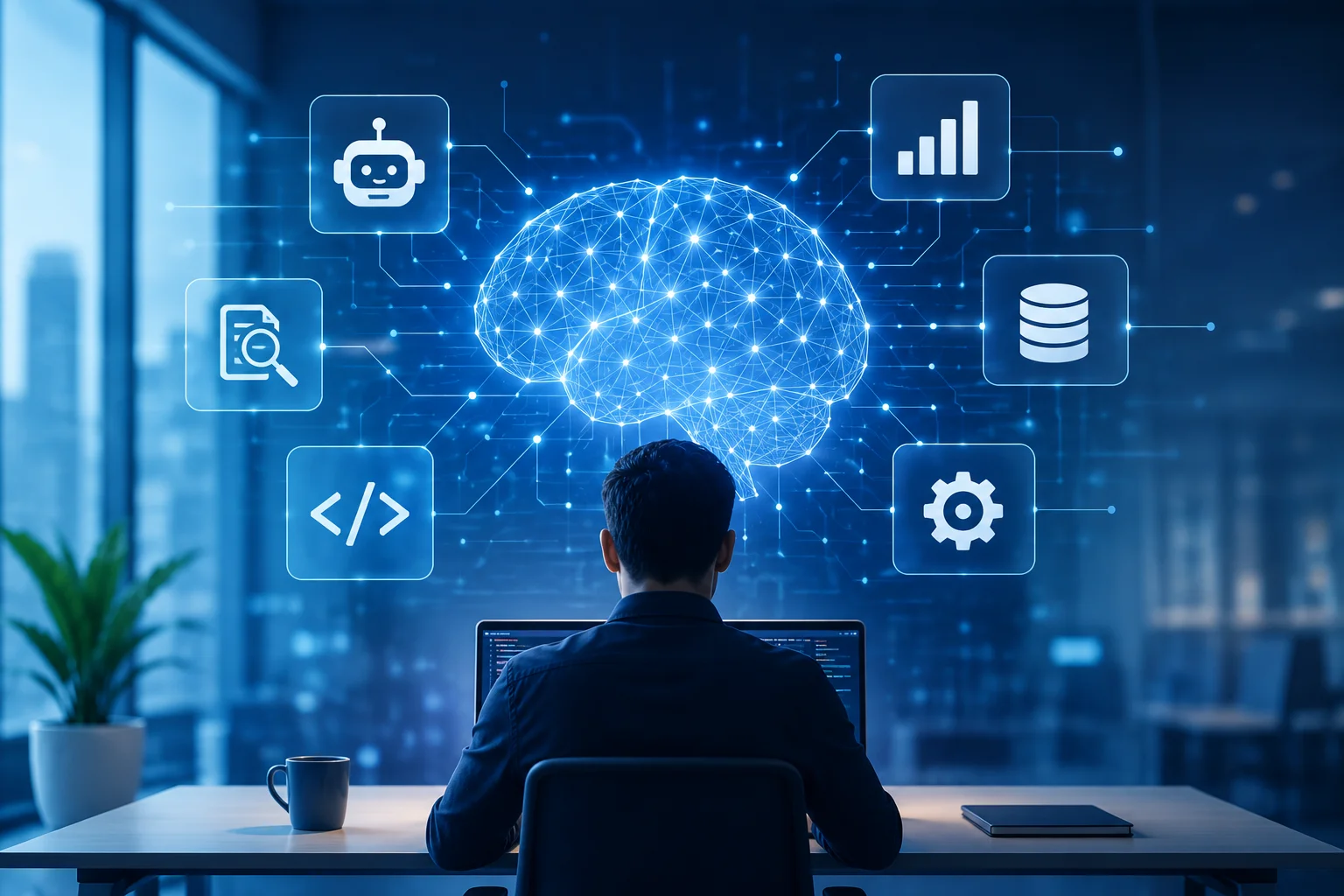 AI engineer building enterprise AI systems with connected icons for chatbots, code, data, automation and analytics.